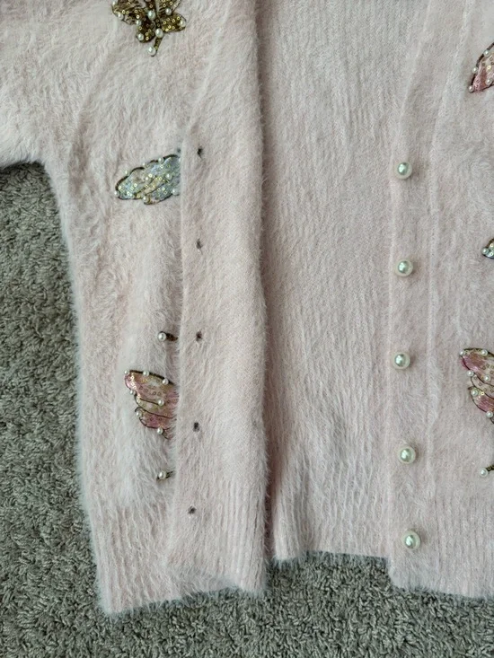 Hand Embroidered Sequin Pink Embellished Butterfly Fuzzy Cardigan Sweater NWOT - Picture 15 of 16